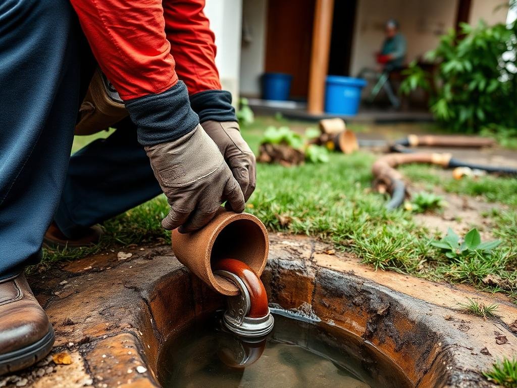 Caminhão e equipe trabalhando em desentupimento de esgoto