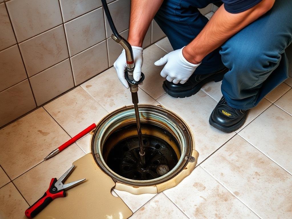 Técnico desentupindo ralo de banheiro